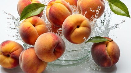 bunch of peach on plain white background with water splash