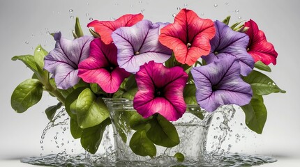 bunch of petunia flowers on plain white background with water splash