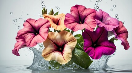 bunch of petunia flowers on plain white background with water splash