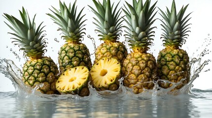 bunch of pineapple on plain white background with water splash