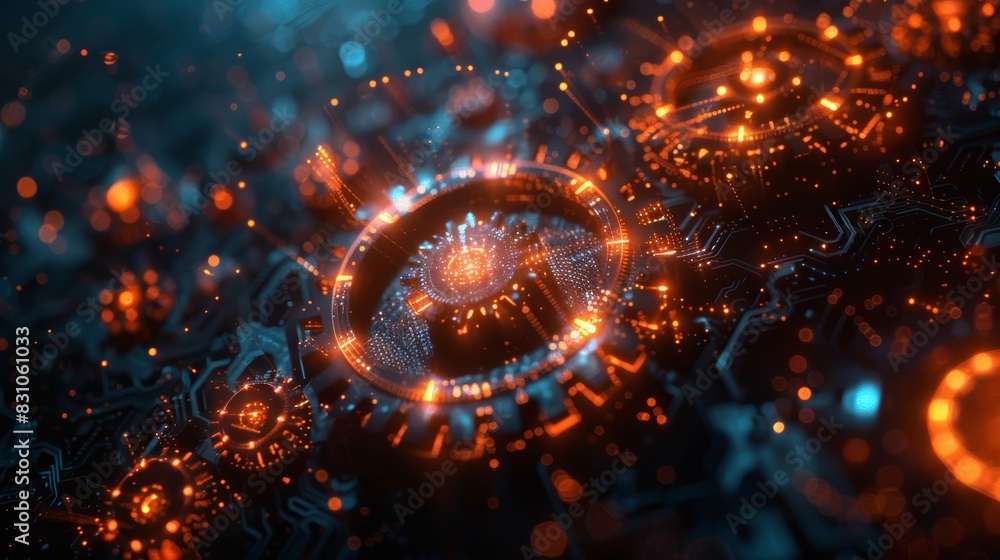 Poster an abstract illustration of gears and circuit patterns merging together, symbolizing the integration