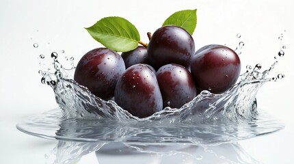 bunch of plum on plain white background with water splash