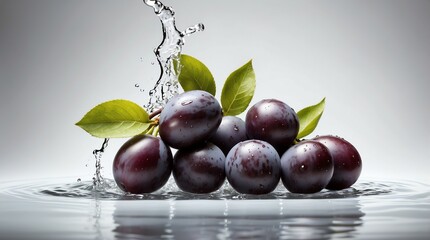 bunch of plum on plain white background with water splash
