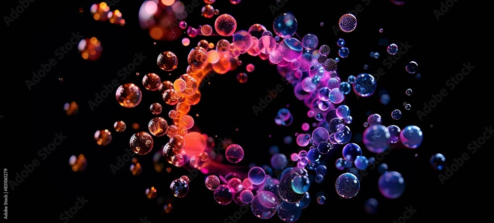 Poster abstract art video animation with 3d ring in explosion process based on small balls, spheres or bubb