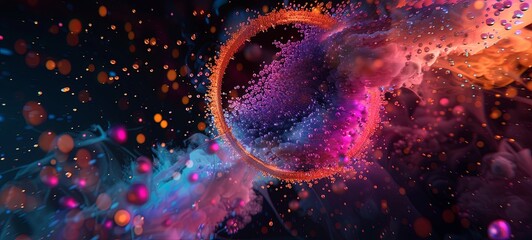 abstract art video animation with 3D ring in explosion process based on small balls, spheres or bubble particles in orange red purple