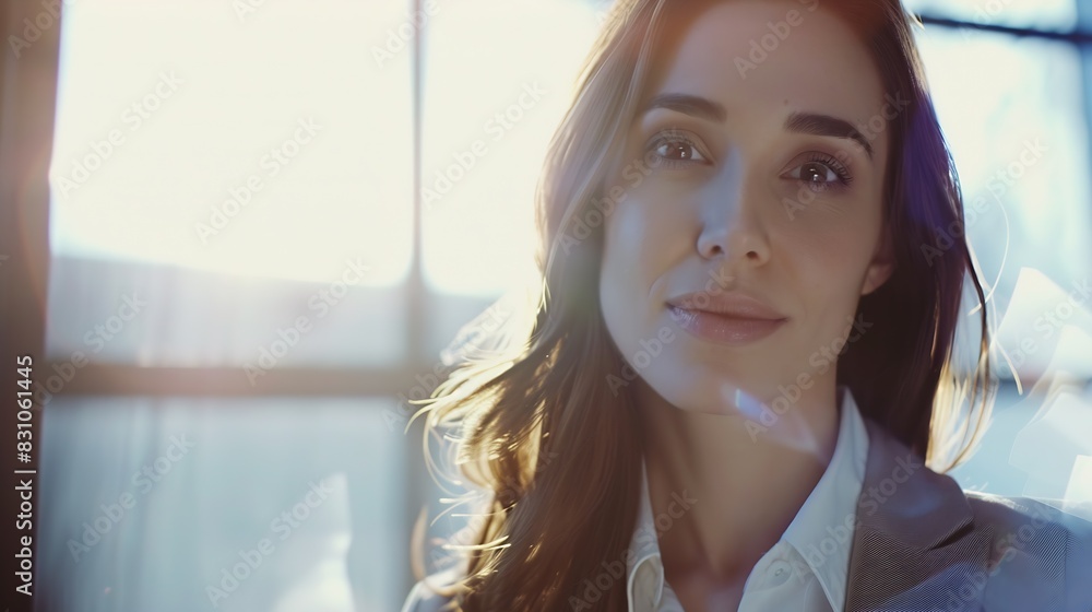 Poster beautiful business lady is looking at camera and smiling while working in office : generative ai