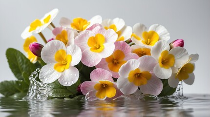 bunch of primrose flowers on plain white background with water splash