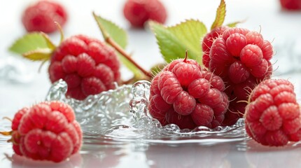 bunch of raspberry on plain white background with water splash