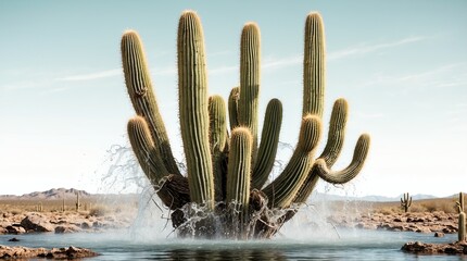 bunch of saguaro cactus on plain white background with water splash