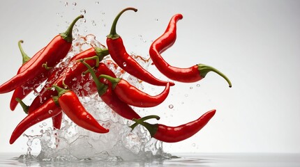 bunch of red chili on plain white background with water splash