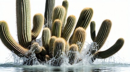 bunch of saguaro cactus on plain white background with water splash