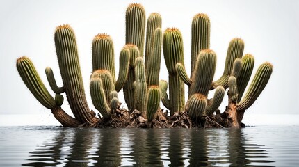 bunch of saguaro cactus on plain white background with water splash
