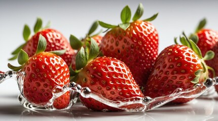 bunch of strawberry on plain white background with water splash