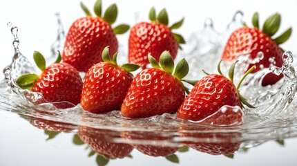 bunch of strawberry on plain white background with water splash