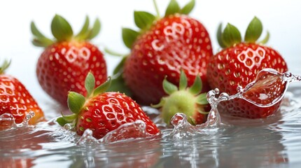 bunch of strawberry on plain white background with water splash