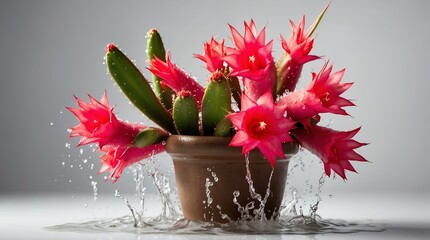 bunch of thanksgiving cactus on plain white background with water splash