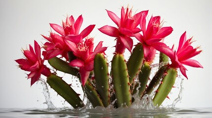 bunch of thanksgiving cactus on plain white background with water splash