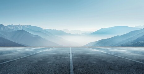 Beautiful blue mountain background with fog and empty asphalt floor