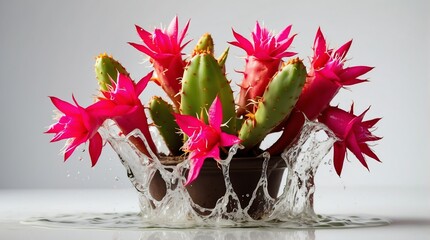 bunch of thanksgiving cactus on plain white background with water splash