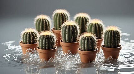 bunch of thimble cactus on plain white background with water splash