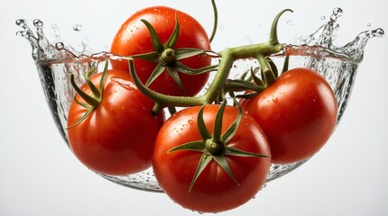 bunch of tomato on plain white background with water splash