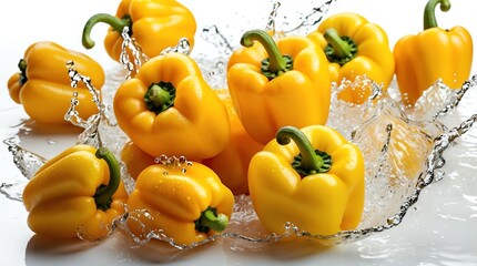 bunch of yellow bell pepper on plain white background with water splash