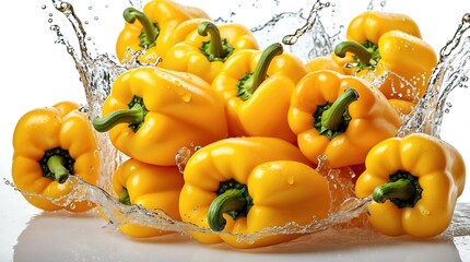 bunch of yellow bell pepper on plain white background with water splash