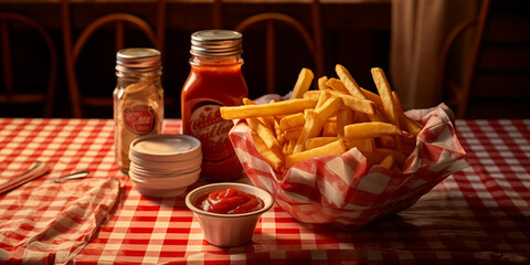  A basket of crispy French fries with a side of ketchup, set on a checkered diner table. 
