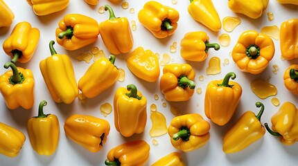 bunch of yellow bell pepper on plain white background with water splash