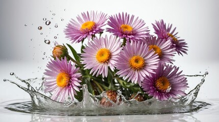 bunch of aster flowers on plain white background with water splash