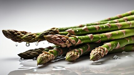 bunch of asparagus on plain white background with water splash