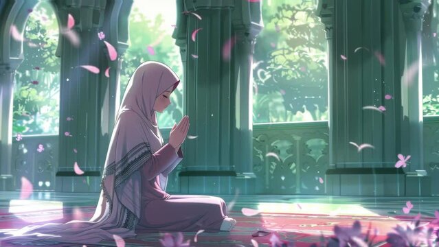 muslim woman praying at mosque, anime style