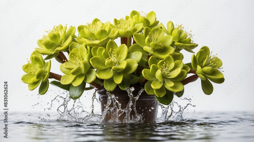 Wall mural bunch of euphorbia flowers on plain white background with water splash