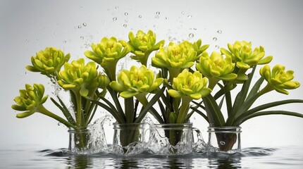 Obraz premium bunch of euphorbia flowers on plain white background with water splash