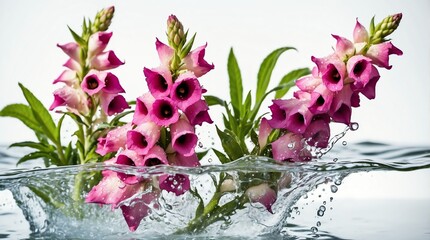 bunch of foxglove flowers on plain white background with water splash