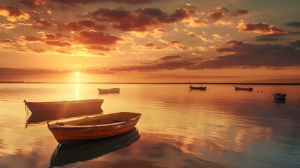 sunset quiet lake boats