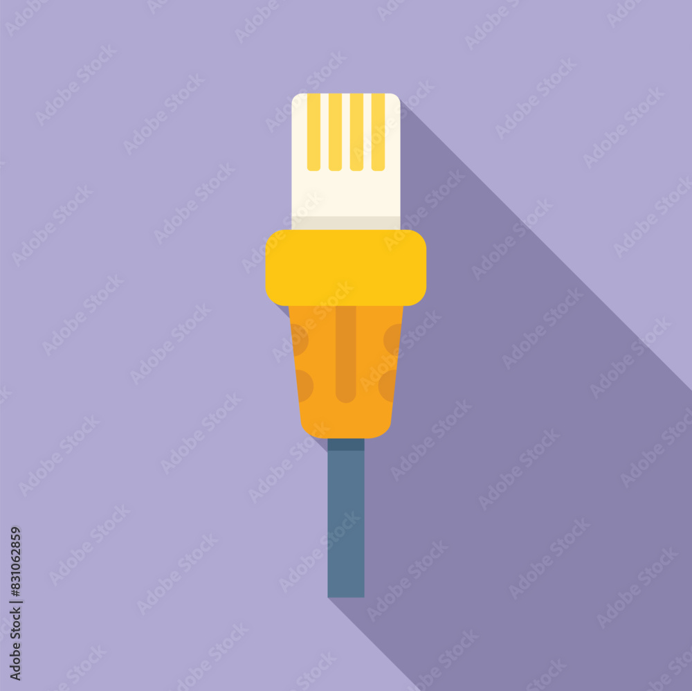Poster illustration of ethernet cable connector with rj45 plug in flat design vector, isolated on purple ba