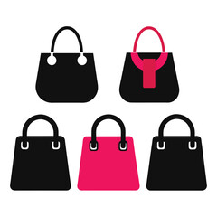 Set of Handbag icon, fashion and female, bag black vector on white background