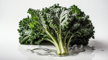 bunch of kale leaves on plain white background with water splash
