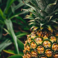 A close-up image of a pineapple in a field, surrounded by green leaves.