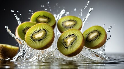 bunch of kiwi on plain white background with water splash