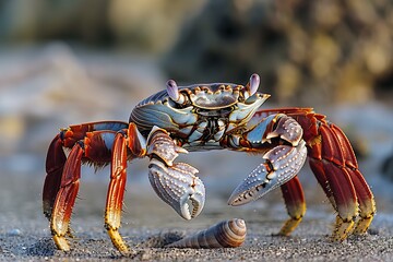 A crab on the beach with its shell, high quality, high resolution