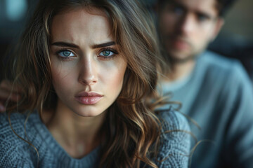 A young woman looking concerned and annoyed after an argument with her partner, a relationship struggle, the partner is seen blurry in the background