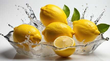 bunch of lemon on plain white background with water splash