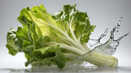bunch of lettuce leaves on plain white background with water splash