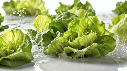 bunch of lettuce leaves on plain white background with water splash
