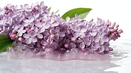 bunch of lilac flowers on plain white background with water splash