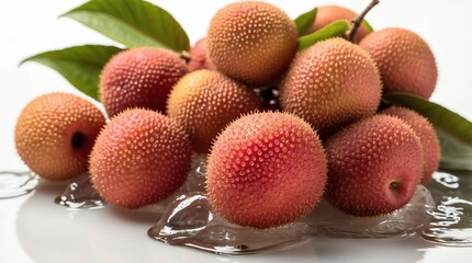 bunch of lychee on plain white background with water splash