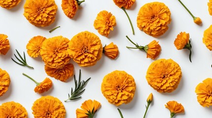 bunch of marigold flowers on plain white background with water splash