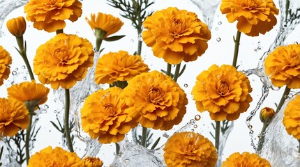 bunch of marigold flowers on plain white background with water splash